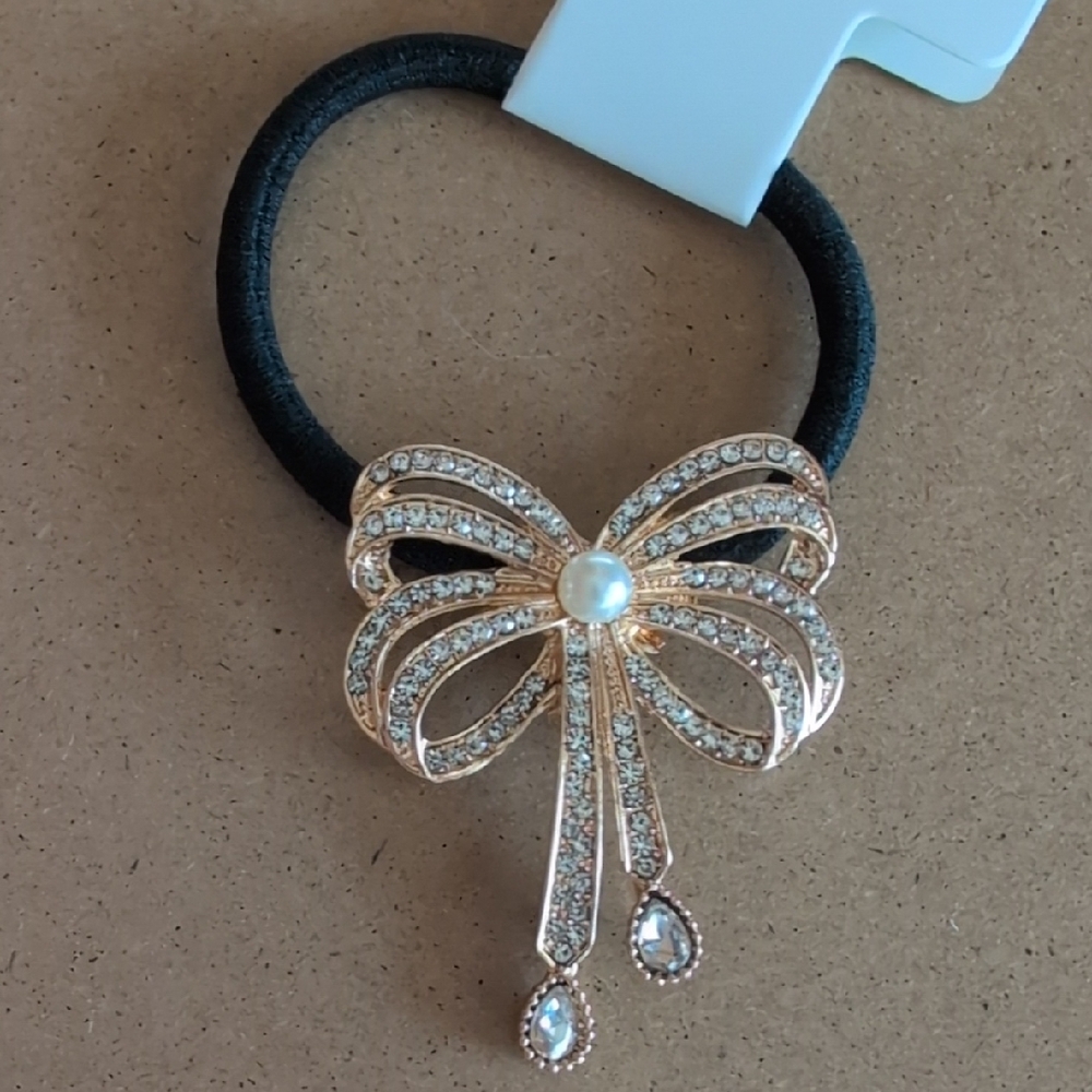 Elegant Bow Hair Tie with Pearl and Crystal Accents
